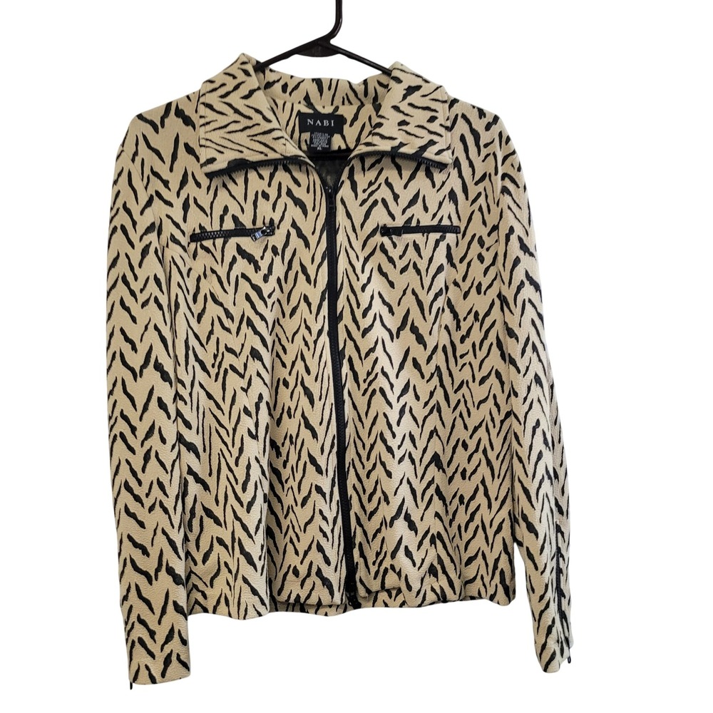 NABI Womens XL Zebra Print Full Zip Jacket Tan Black Stretch‎ Textured Collared